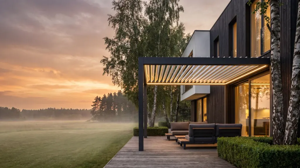 Helmar bioklimatinė pergola, vakaras Lietuvoje, LED šviesa