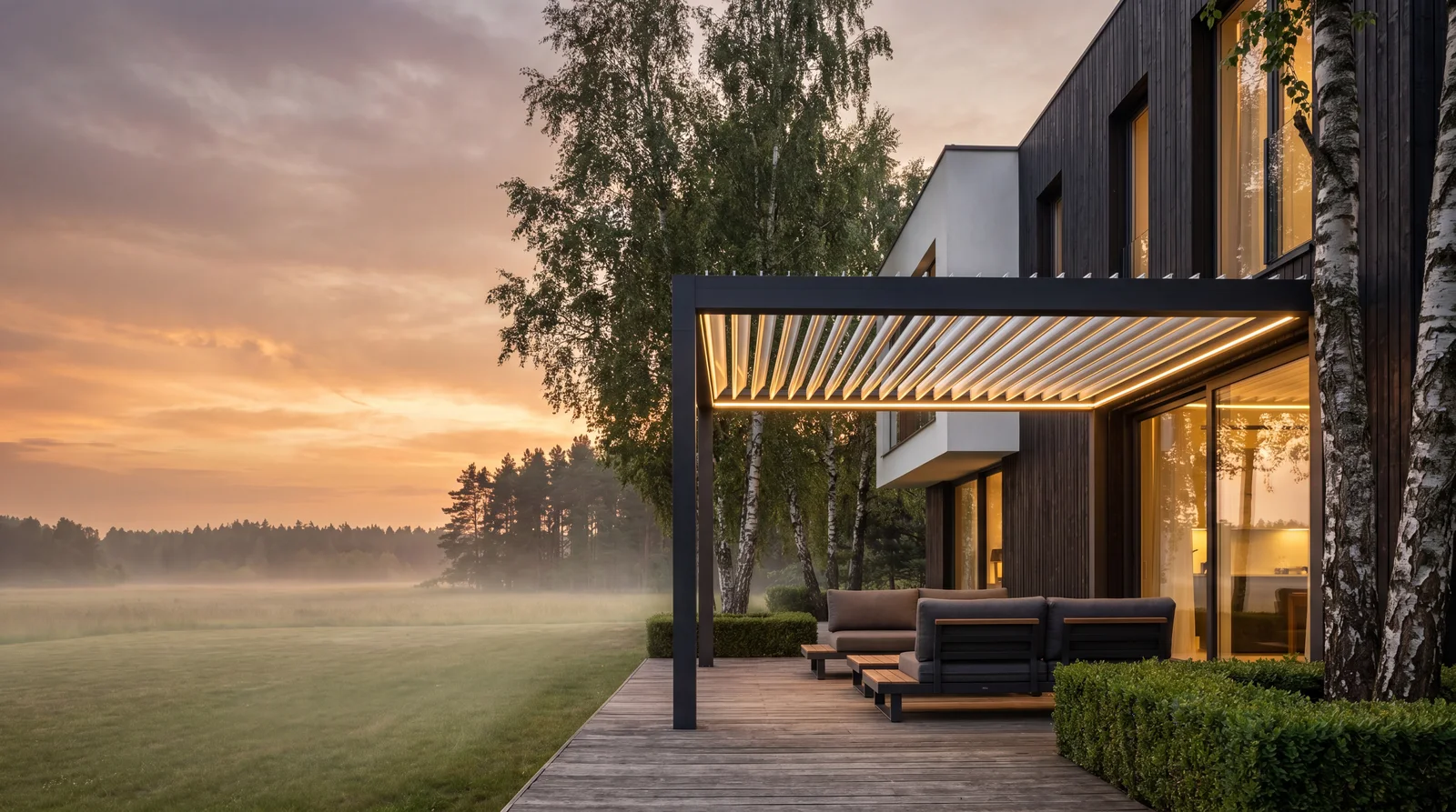 Helmar bioklimatinė pergola, vakaras Lietuvoje, LED šviesa